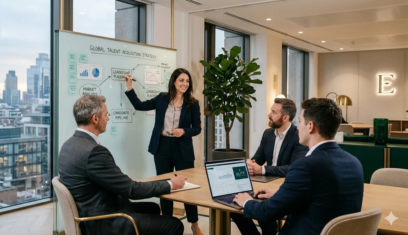 Consulting team discussing global talent strategy in a premium office setting