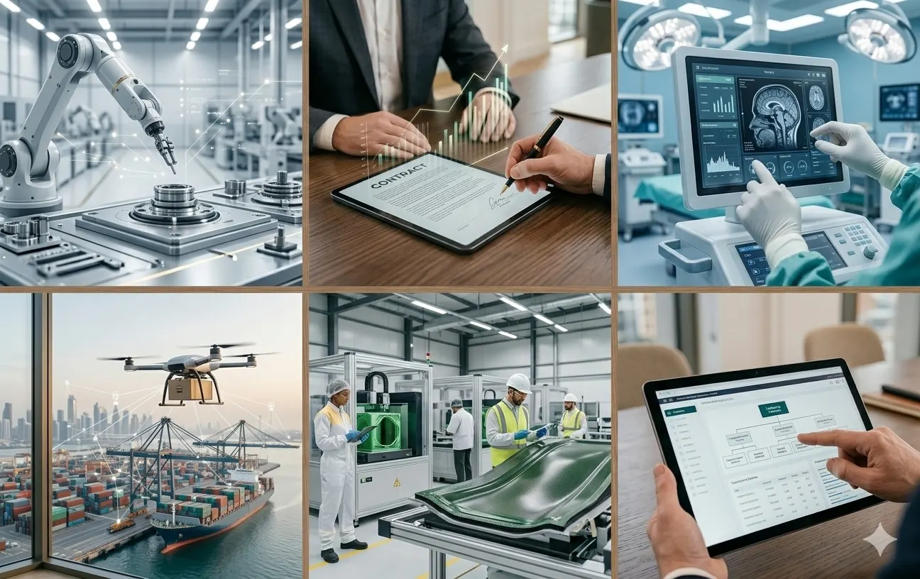 Collage of technology, finance, healthcare, logistics, and manufacturing environments
